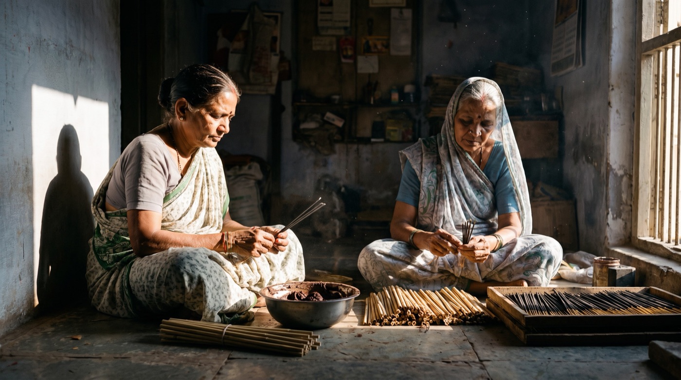 Two women hand-rolling agarbatti in a small Ahmedabad workshop