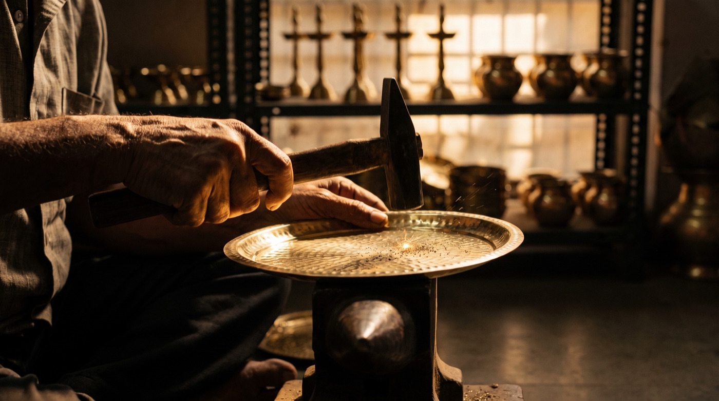 A craftsman's hands hammering a brass puja thali into shape, sparks flying