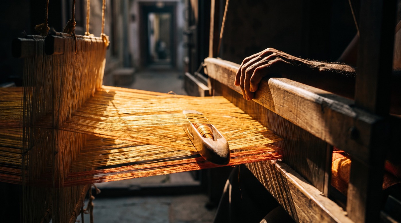 Hands guiding gold and saffron silk threads through a handloom in a Varanasi gali