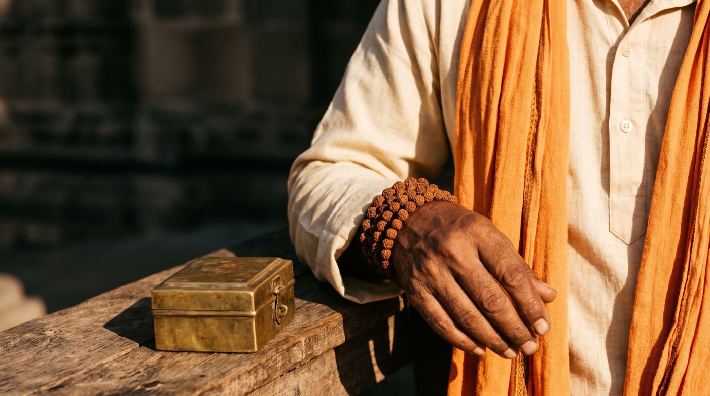 Close-up of a rudraksha mala on a wrist and a saffron stole over a cream kurta shoulder