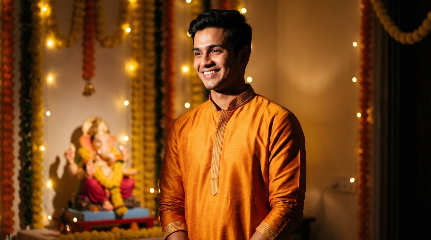 A young man in a saffron festive kurta in a home decorated with marigolds for Ganesh Chaturthi