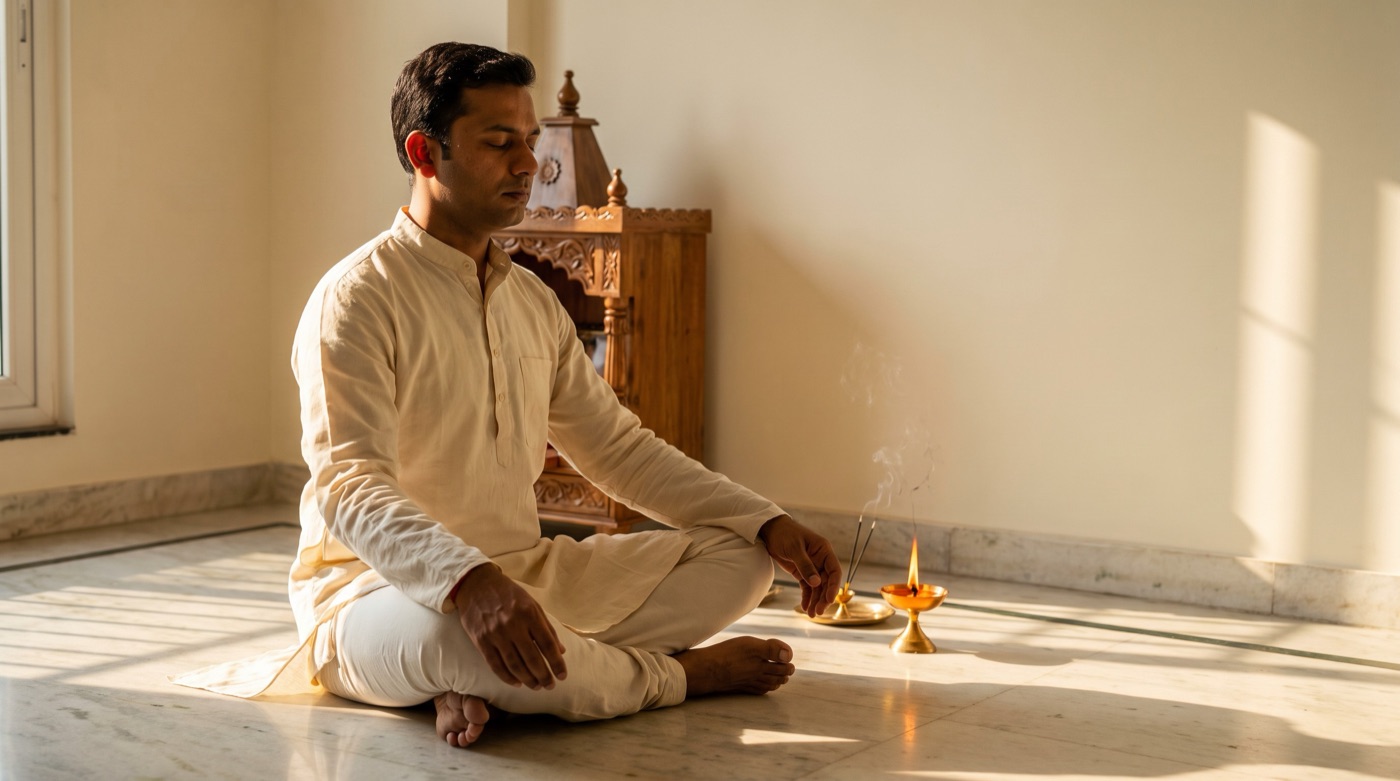 A man in a cream cotton kurta seated cross-legged in prayer before a home mandir, brass diya beside him