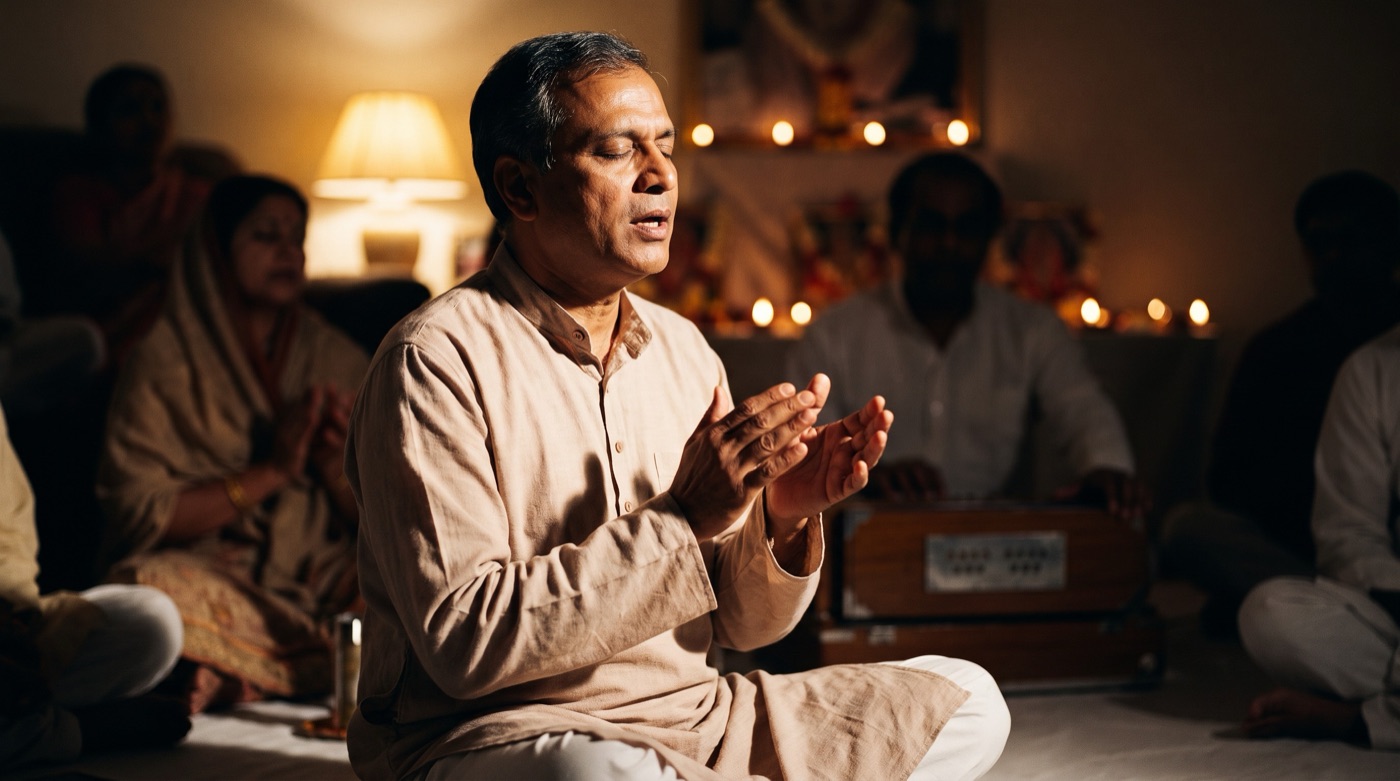 A man in a soft beige kurta seated among a satsang gathering, eyes closed, singing a bhajan by lamplight