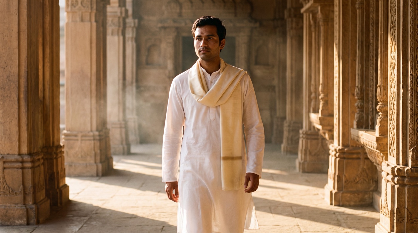 A man in a white handloom kurta with a silk stole walking through a carved stone temple corridor at golden hour