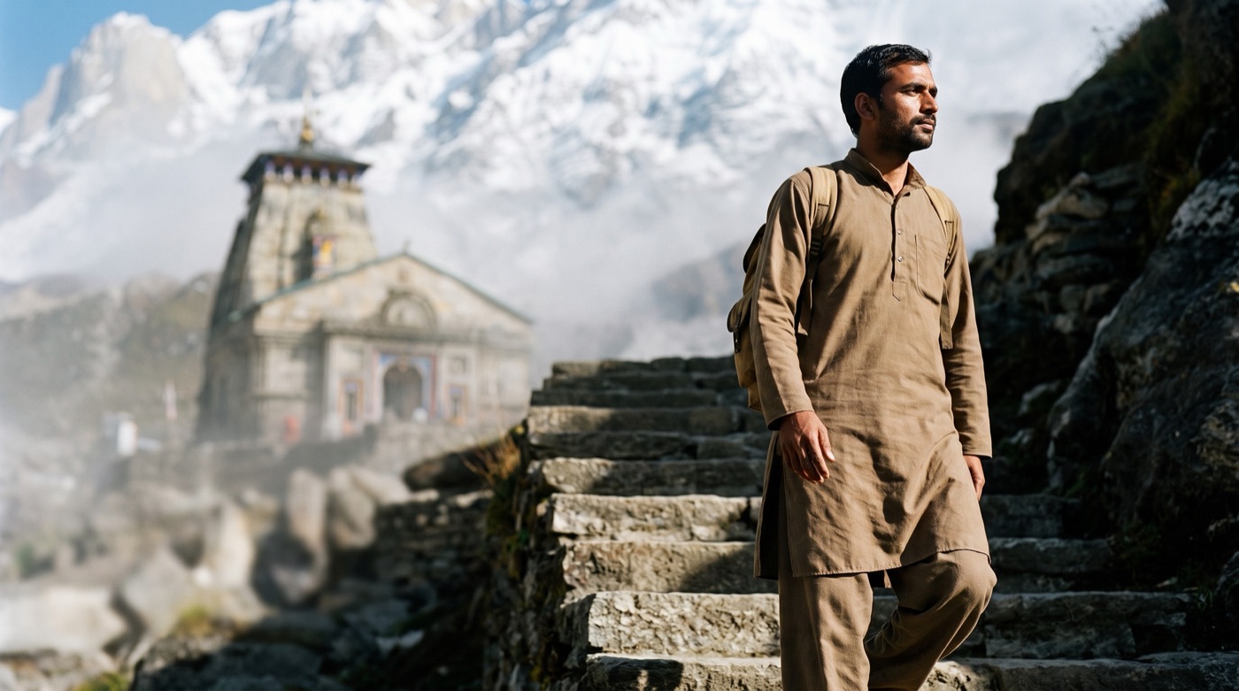 A pilgrim in an earth-toned kurta with a small backpack climbing stone steps on a misty Himalayan trail
