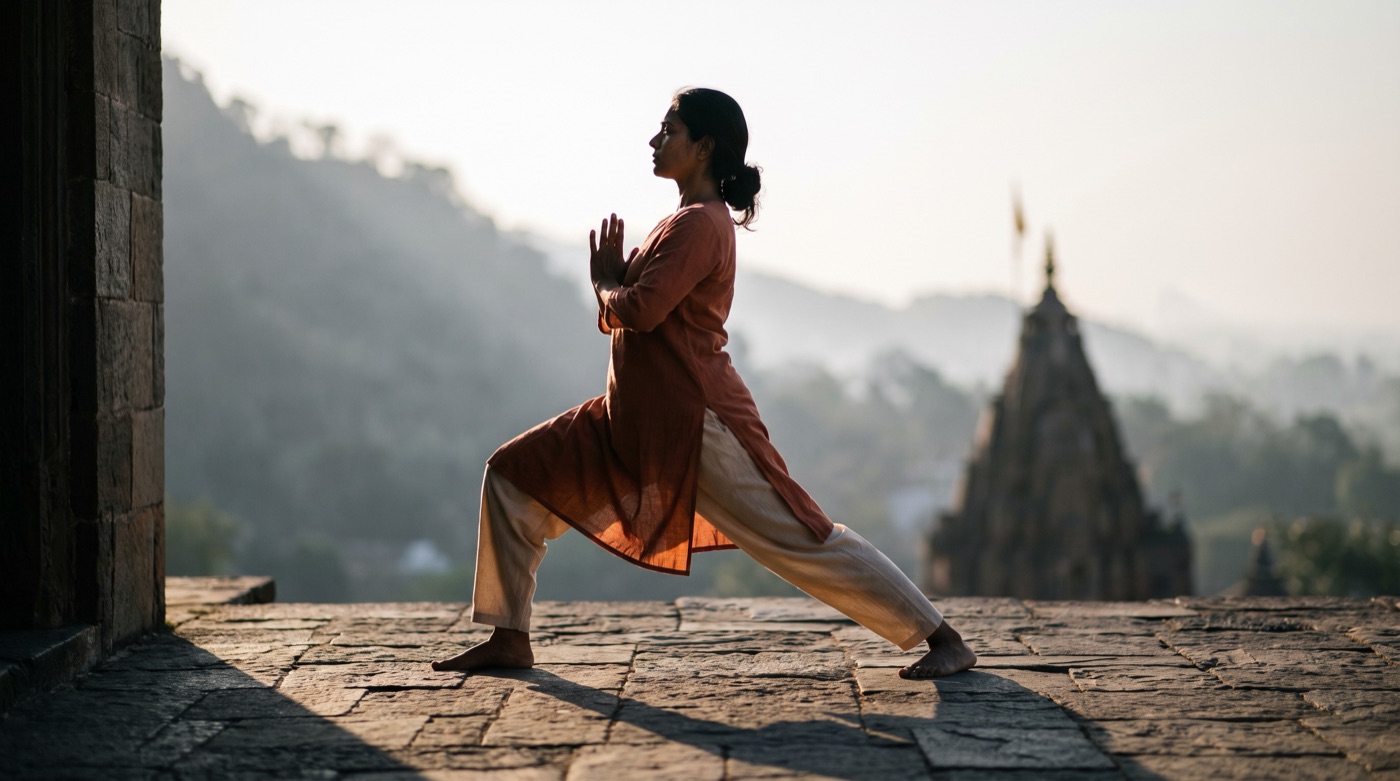 A woman in natural cotton yoga wear holding a Surya Namaskar pose on a stone terrace at sunrise