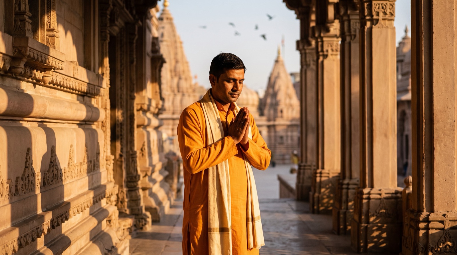 A man in a saffron kurta pauses in prayer in a temple corridor at golden hour