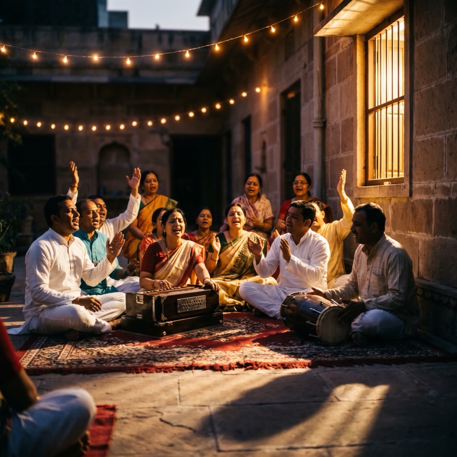 An evening bhajan gathering under string lights