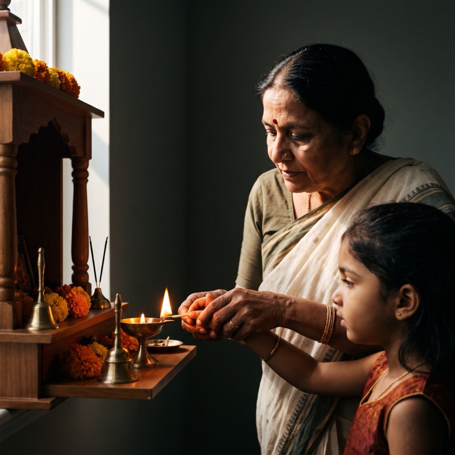 A grandmother and granddaughter lighting a diya together