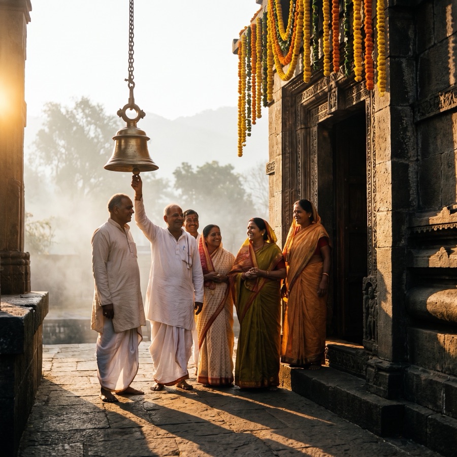 Pilgrims arriving at a stone temple gateway at sunrise