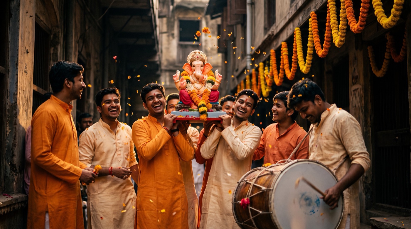 Friends carrying a Ganpati idol through a decorated lane